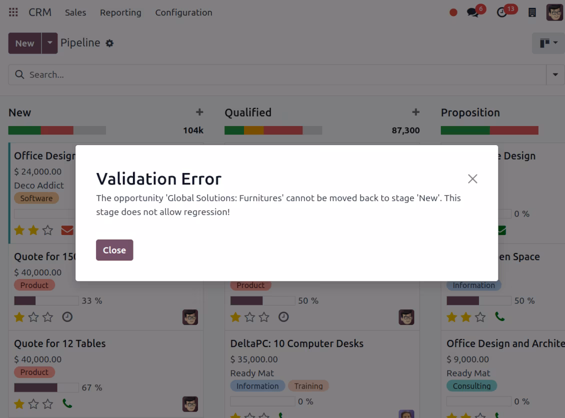 CRM warning: moving back is restricted