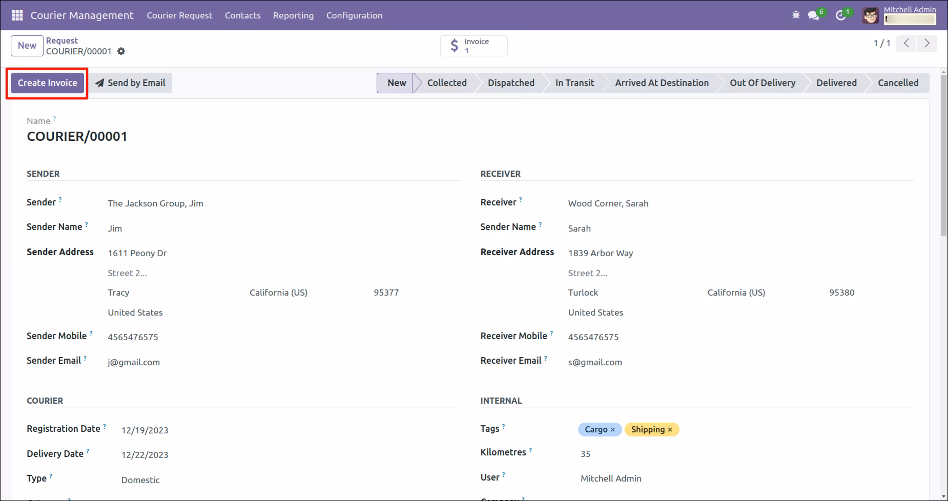 Create Invoice of the Courier Request
