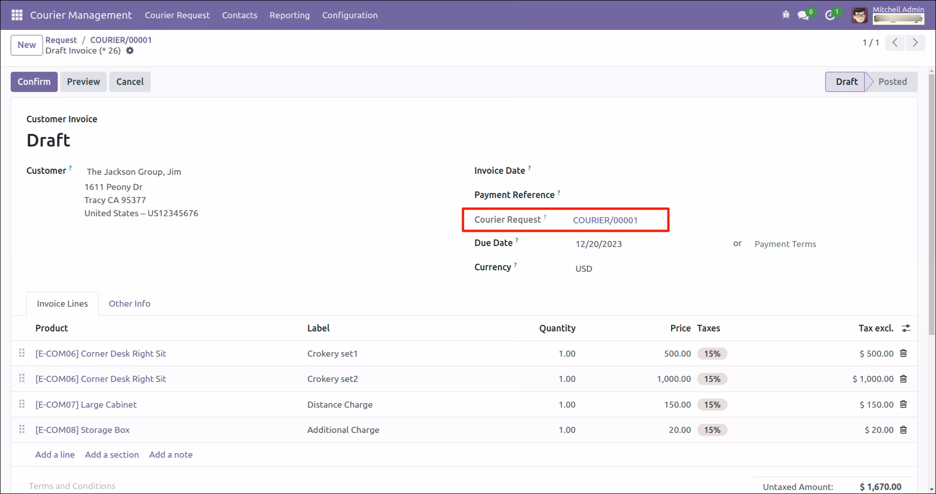 Create Invoice of the Courier Request