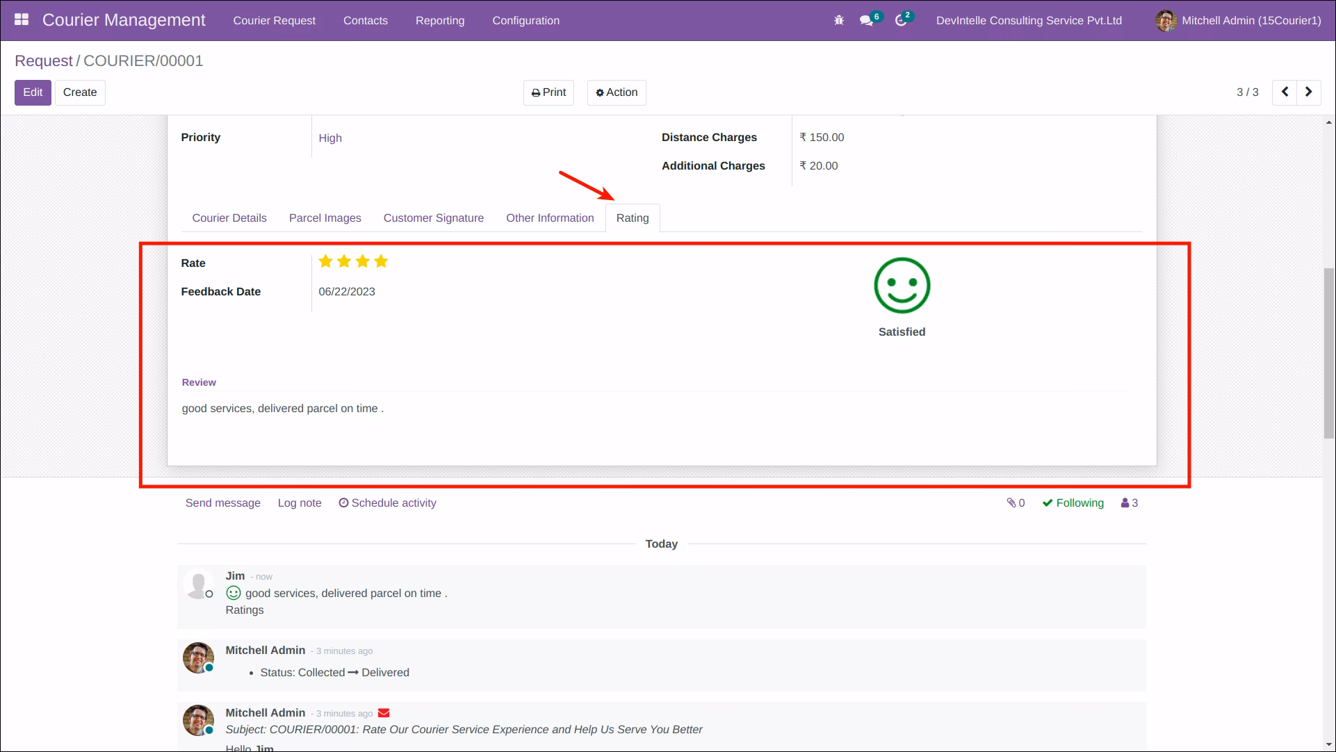 Customer's feedback and rating