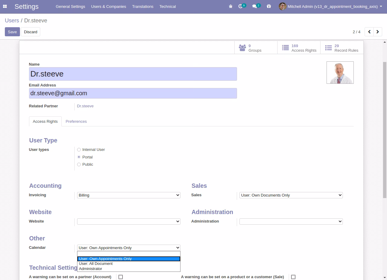Set Doctor's Rights for access Appointments and slots display