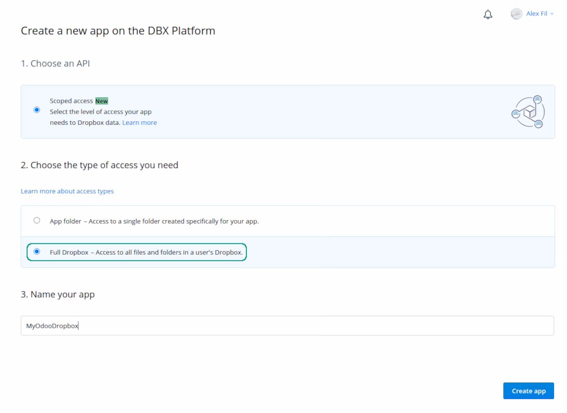 Dropbox API: an app to connect