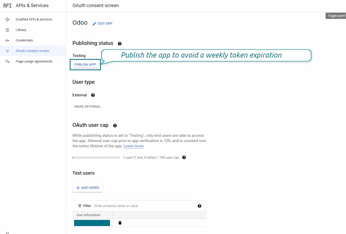 Publishing the Google API app