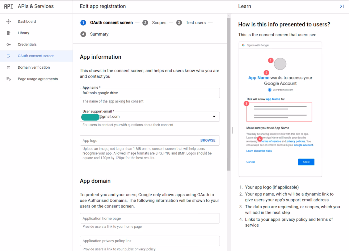 Entering Google app details