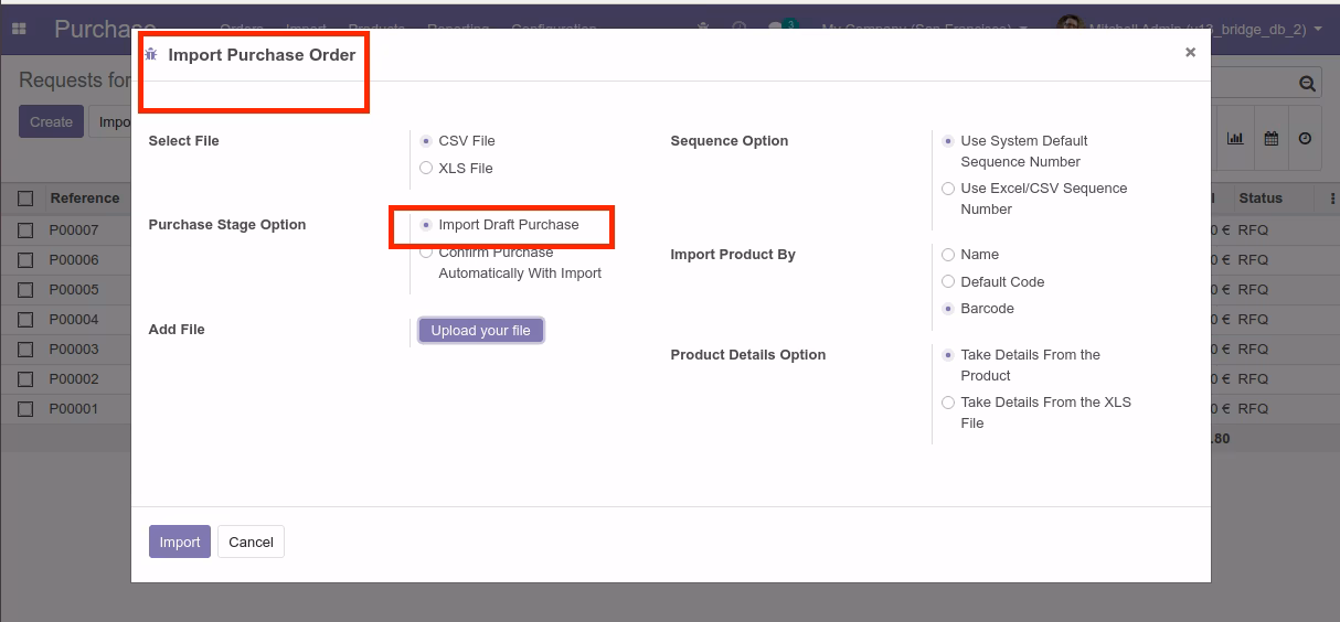 Import purchase orders with draft status in 15,14, 13, 12