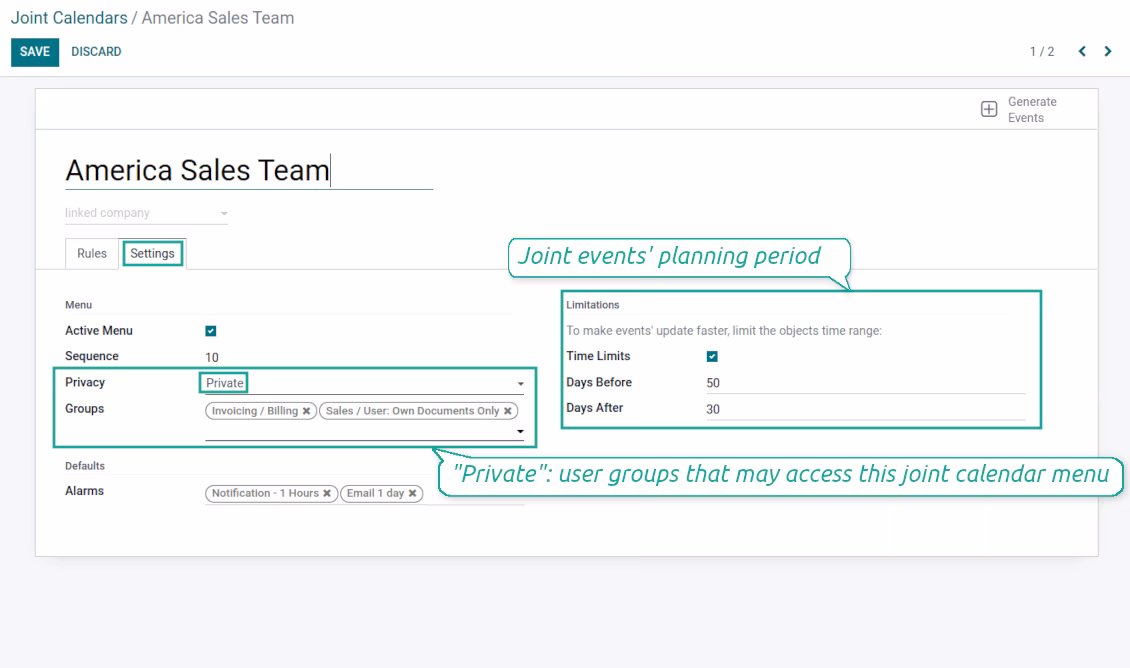 Advanced settings of joint calendar