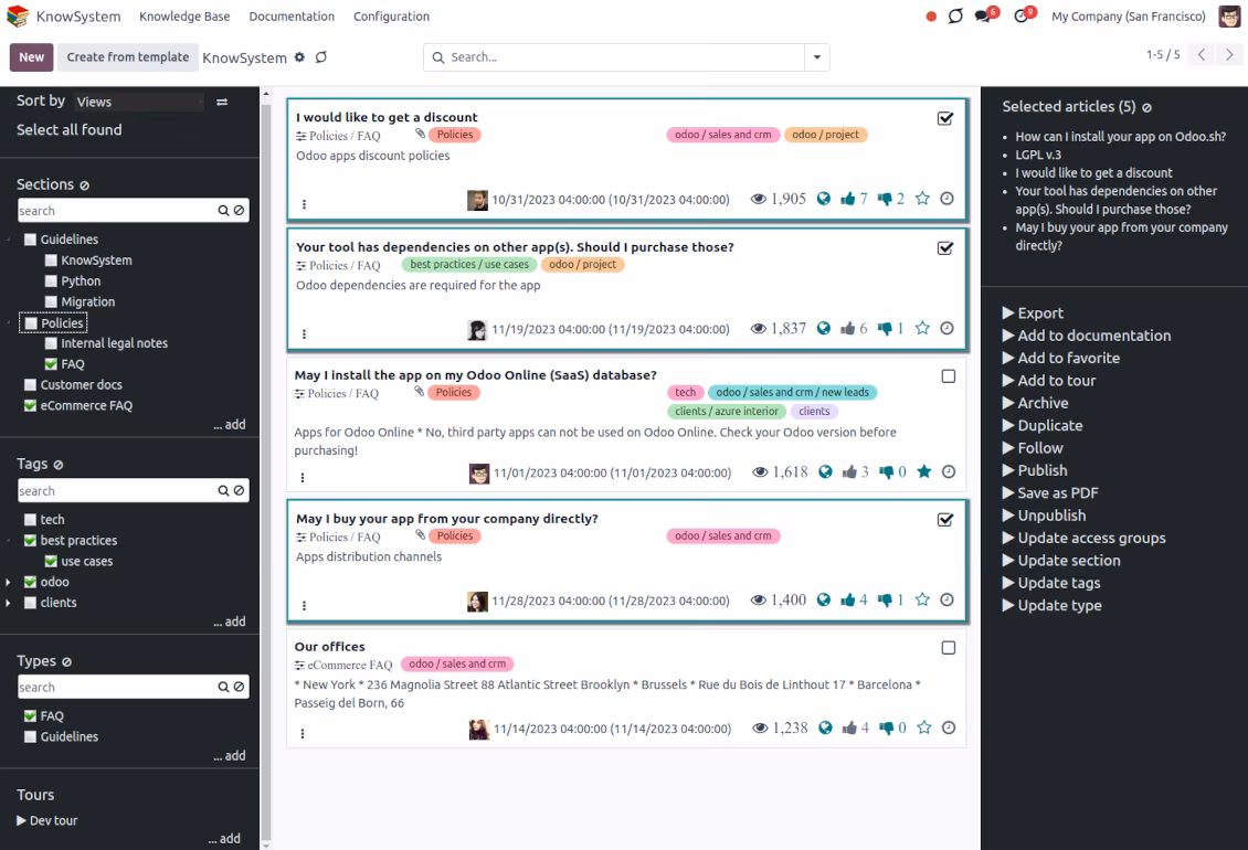 knowledge system: mass actions for selected articles