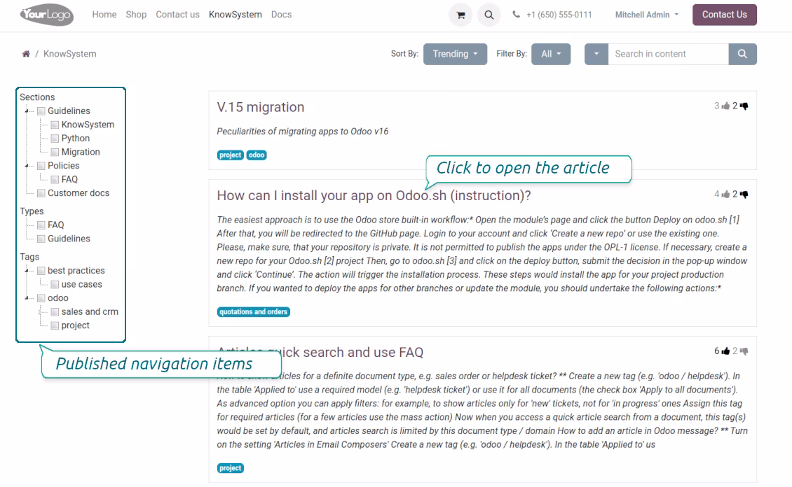 KMS portal and website navigation