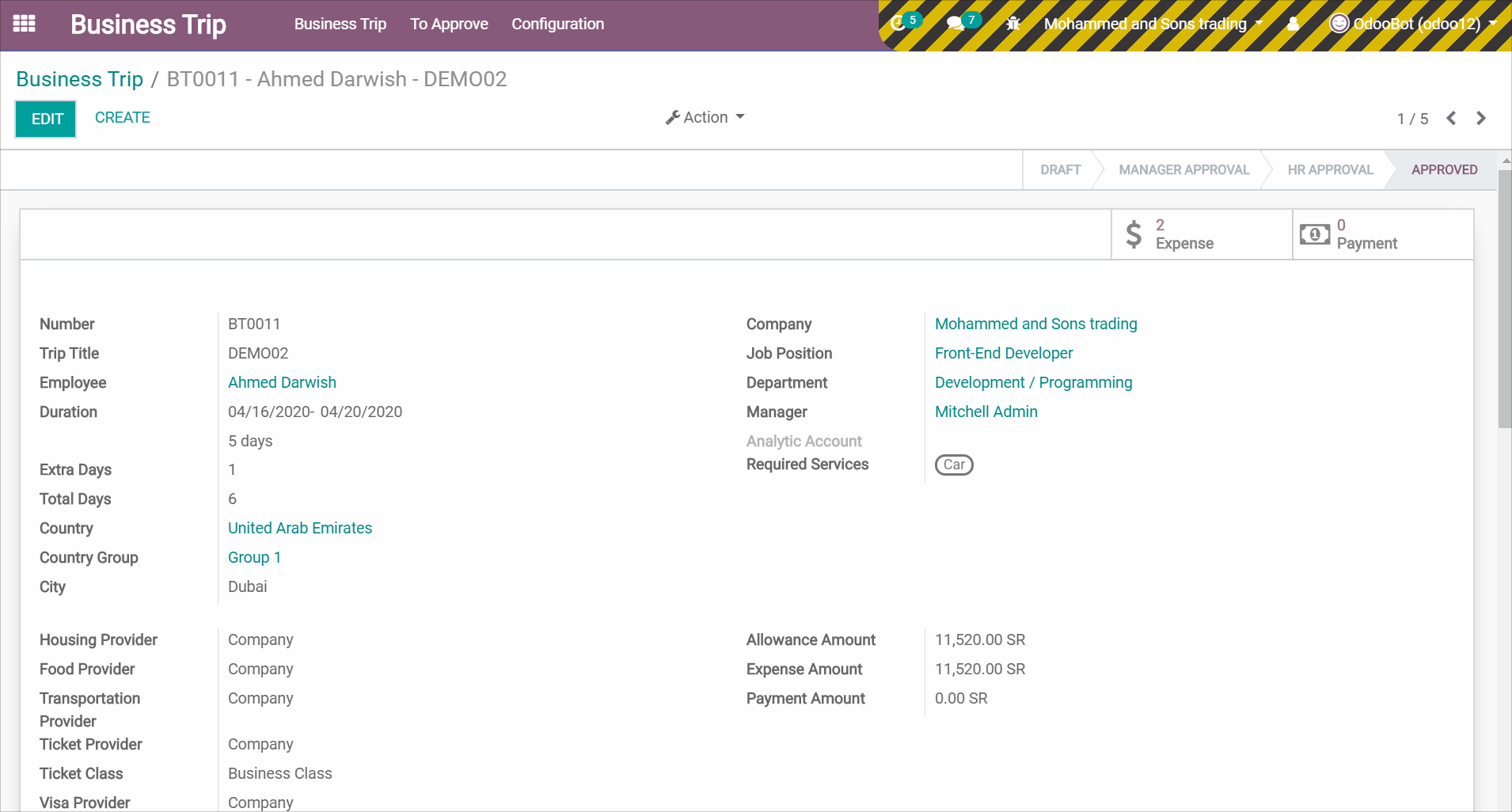 Business Trip Demonstration, An illustration of integration with the accounting module