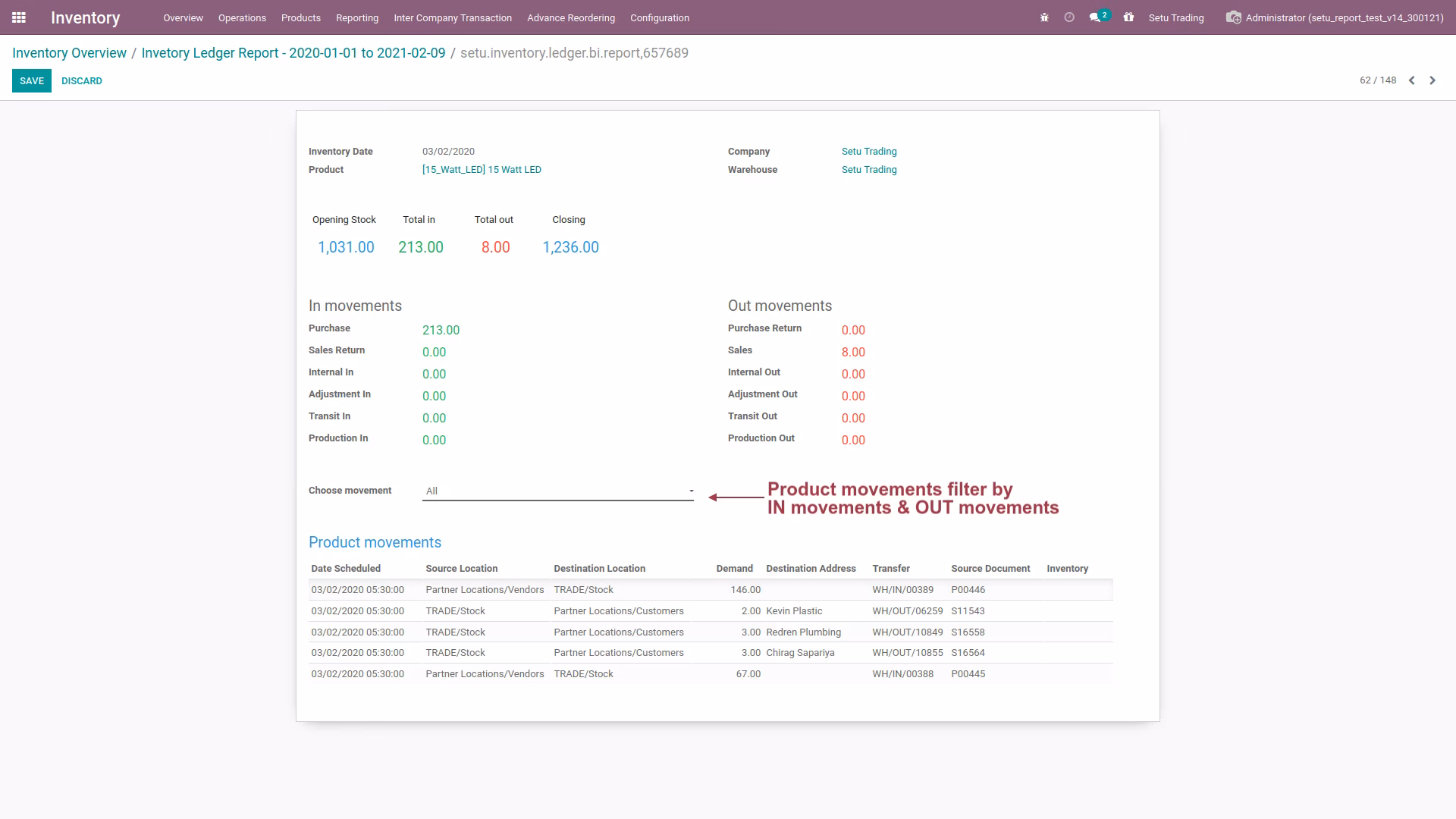 Inventory Ledger Report Movements Filter