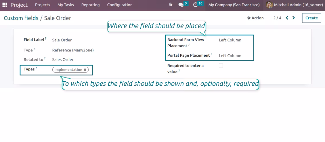 Custom fields depend on the Odoo task type
