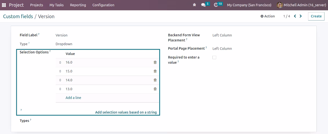 Selection fields for tasks