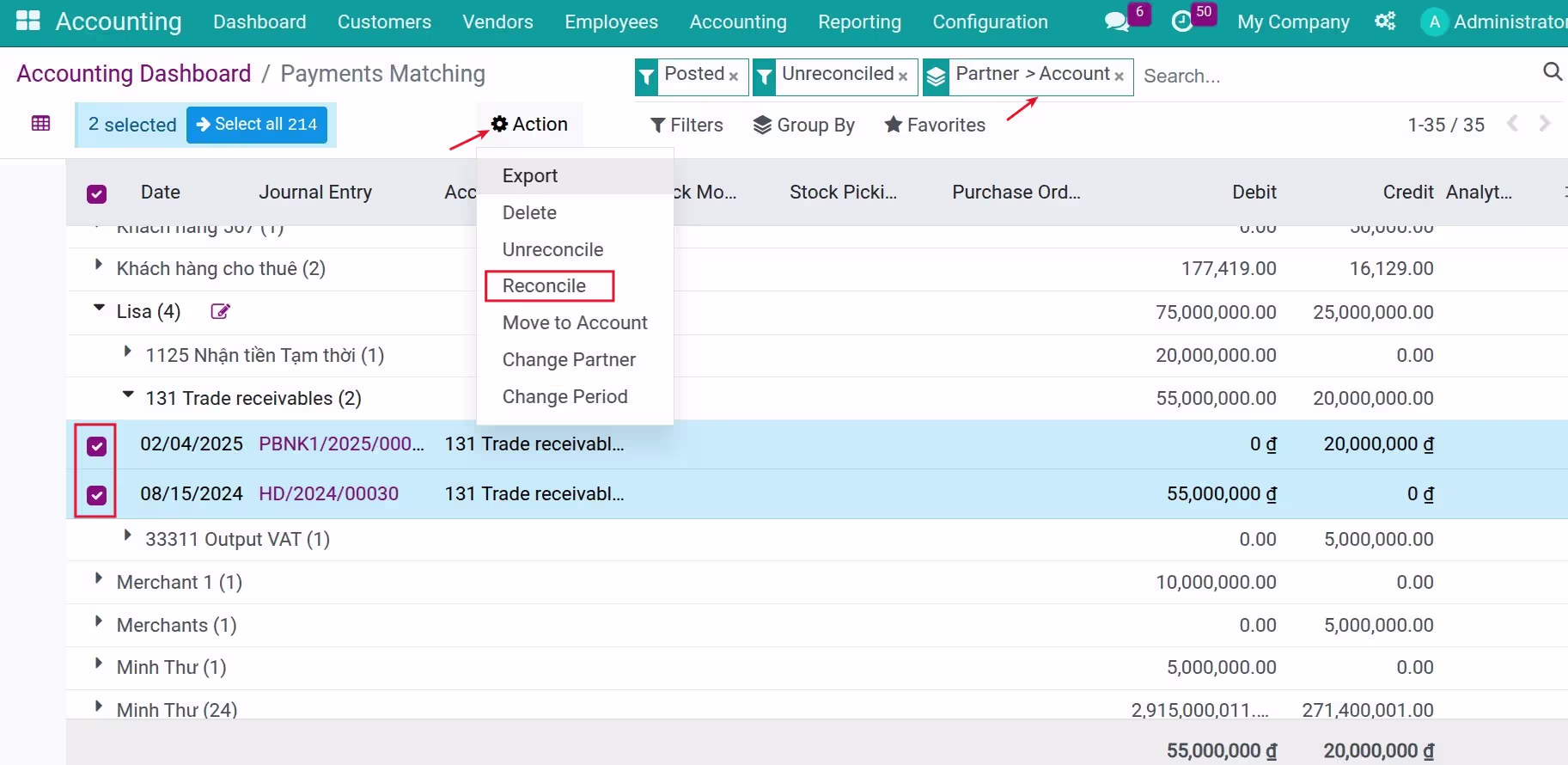 Reconciliation between customer's invoices and their payments.