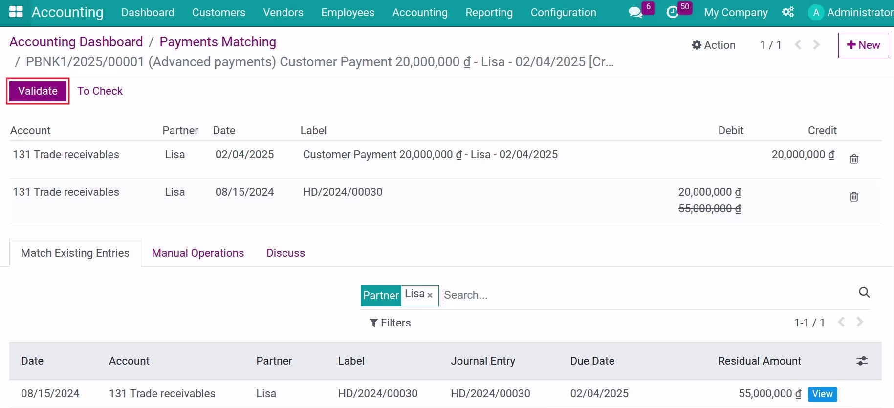 Reconciliation between customer's invoices and their payments.