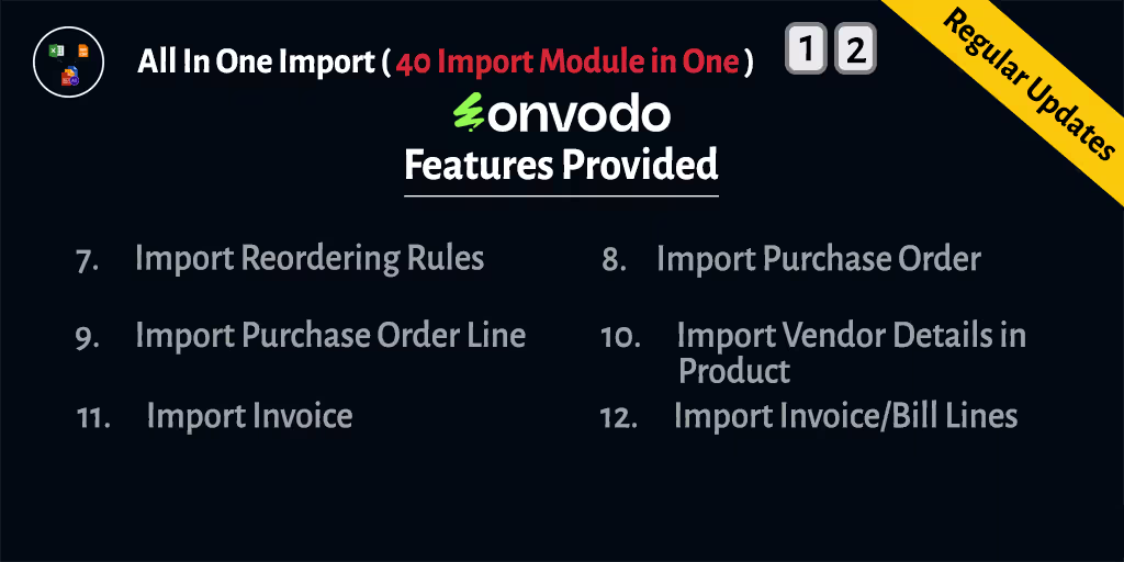 All In One Import - Partner, Product, Sales, Purchase, Accounts, Inventory, BOM, CRM, Project | Product Template | Product Variant | Product Image | Sale Order Lines | Reordering Rules | Purchase Order Lines